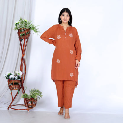 Sakura Women's Rust Floral Embroidered Liva Rayon Crepe Two-Piece Kurta and Pant Set