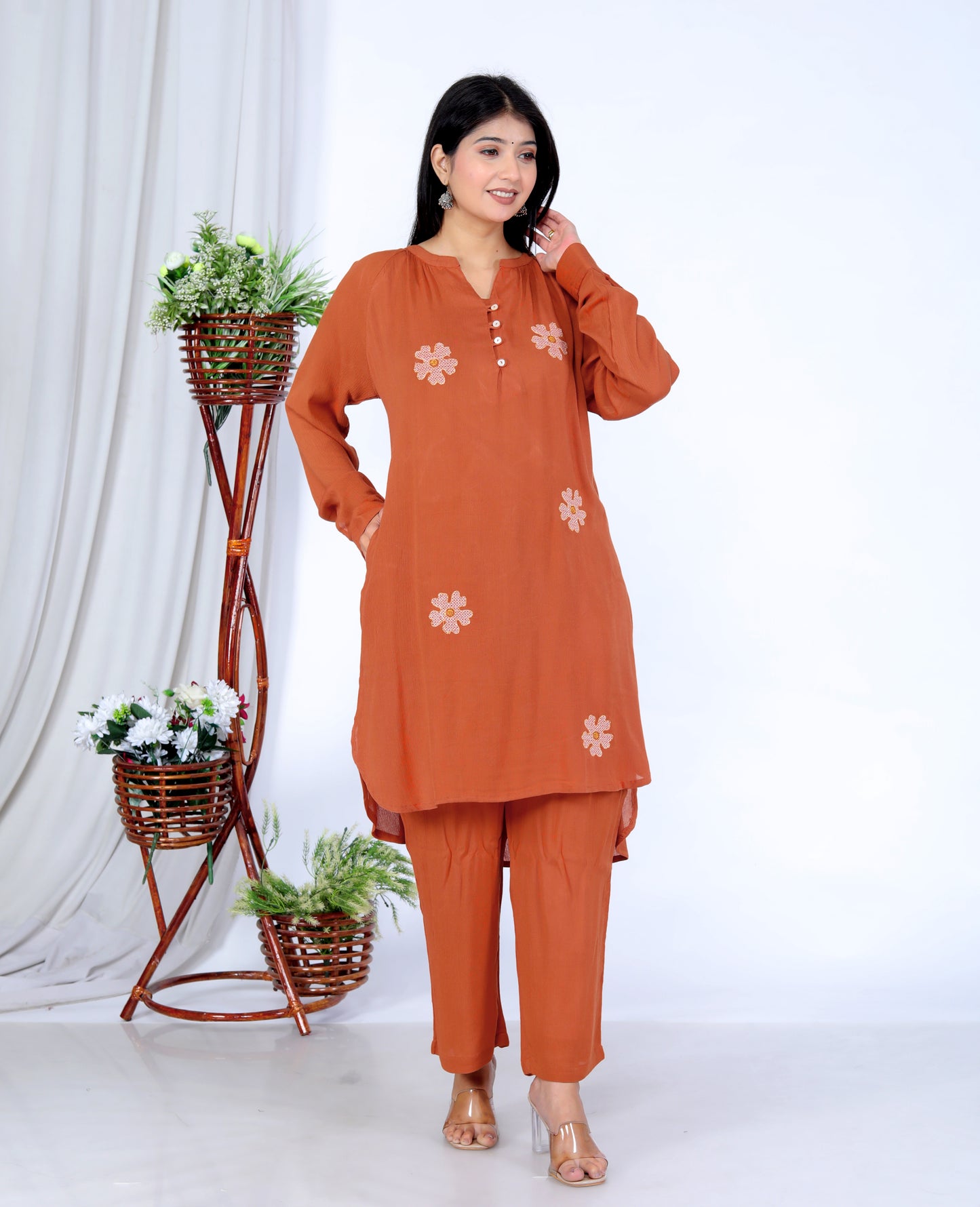 Sakura Women's Rust Floral Embroidered Liva Rayon Crepe Two-Piece Kurta and Pant Set