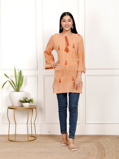 Sakura Women's Rust Orange Stone-Washed Cotton Crepe Embroidered Tunic with Tassel Detail