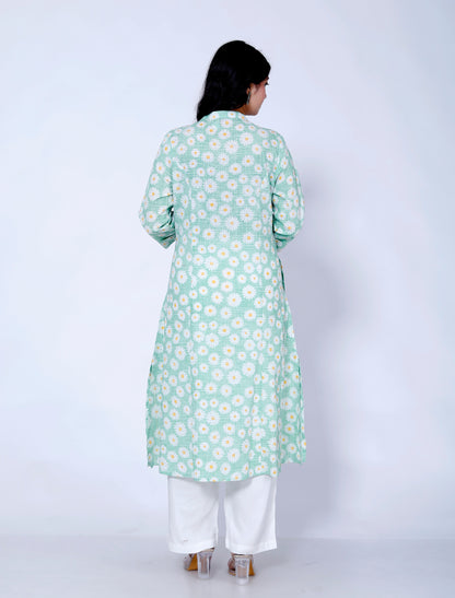 Sakura Women's Sea Green Floral Cotton Kurta with Palazzo Set