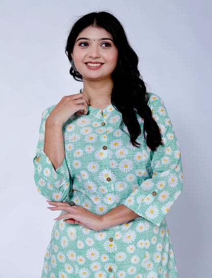 Sakura Women's Sea Green Floral Cotton Kurta with Palazzo Set