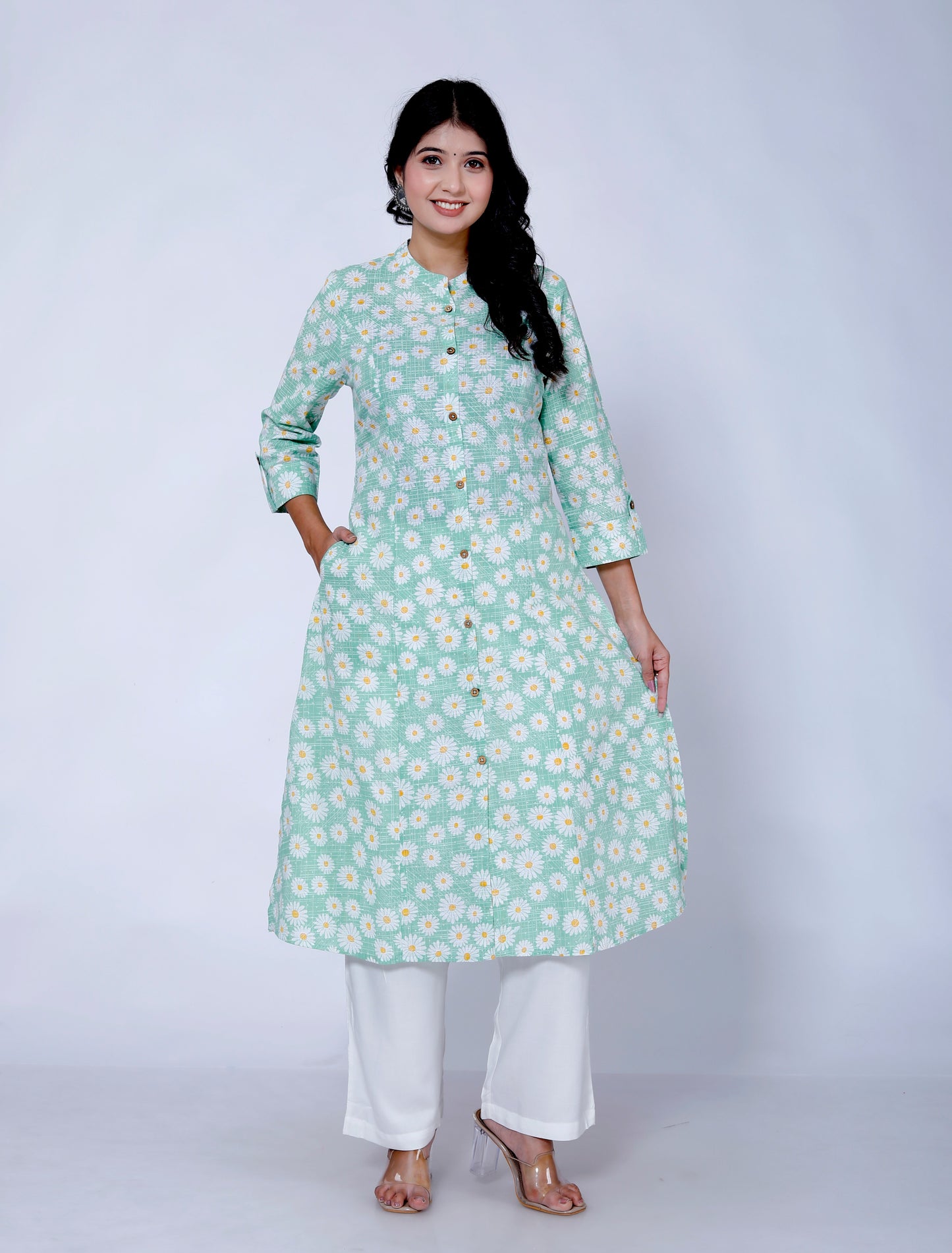 Sakura Women's Sea Green Floral Cotton Kurta with Palazzo Set