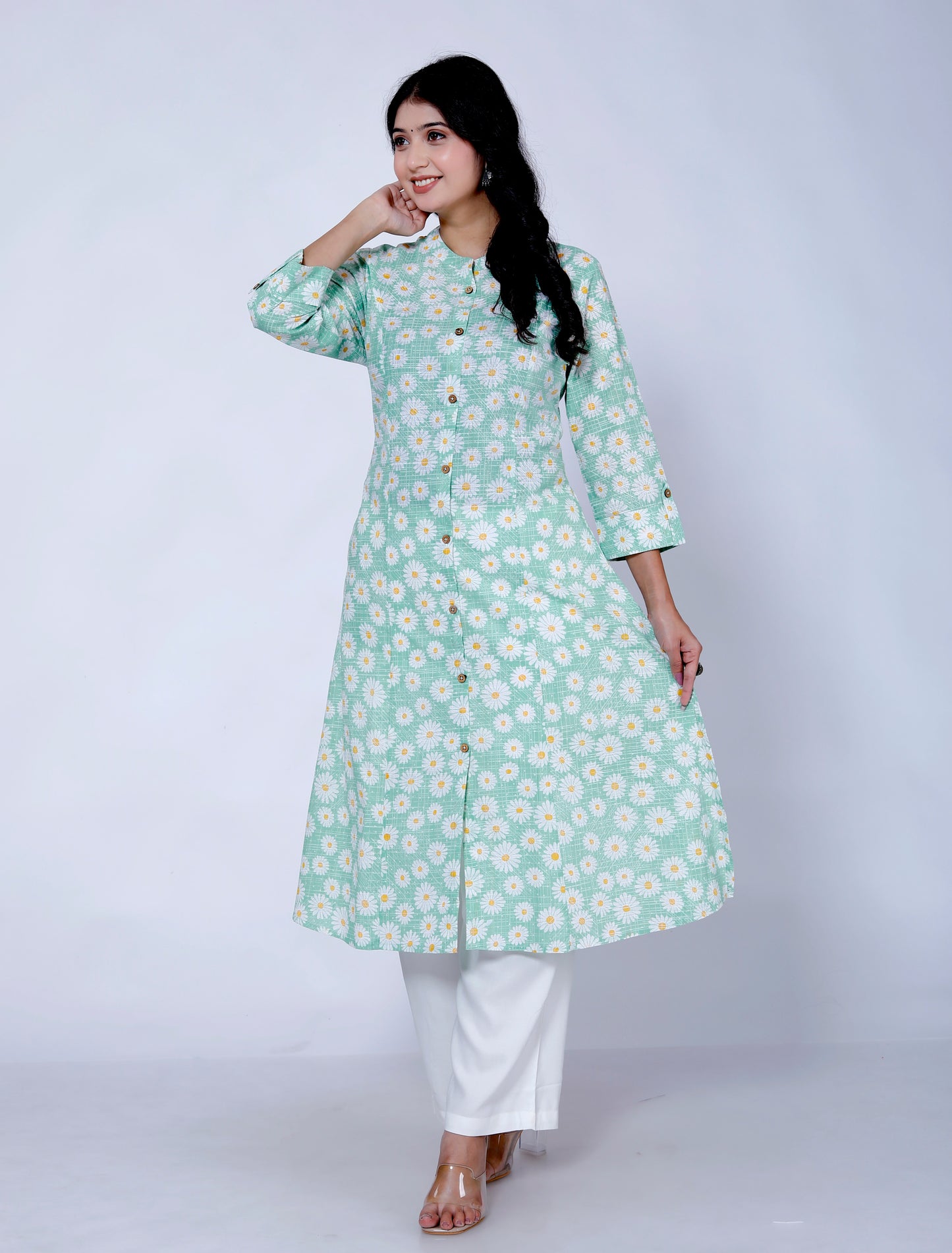 Sakura Women's Sea Green Floral Cotton Kurta with Palazzo Set