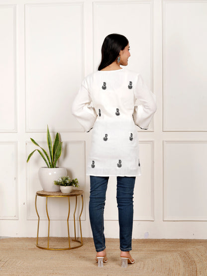 Sakura Women's White Cotton Crepe Embroidered Tunic with Tassel Tie-Up