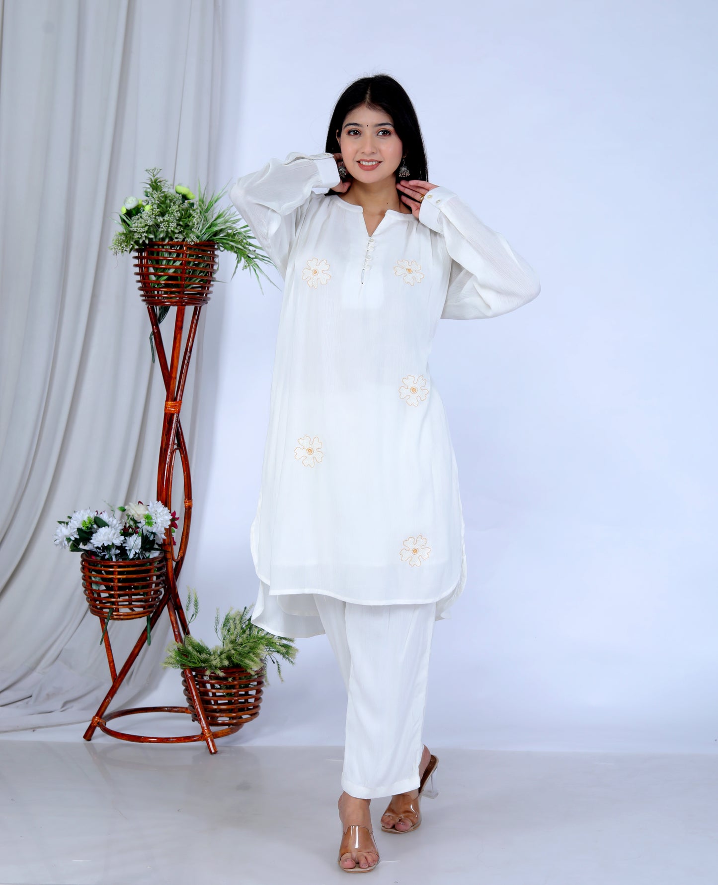 Sakura Women's White Floral Embroidered Liva Rayon Crepe Kurta and Pant Set with 100% Cotton Lining