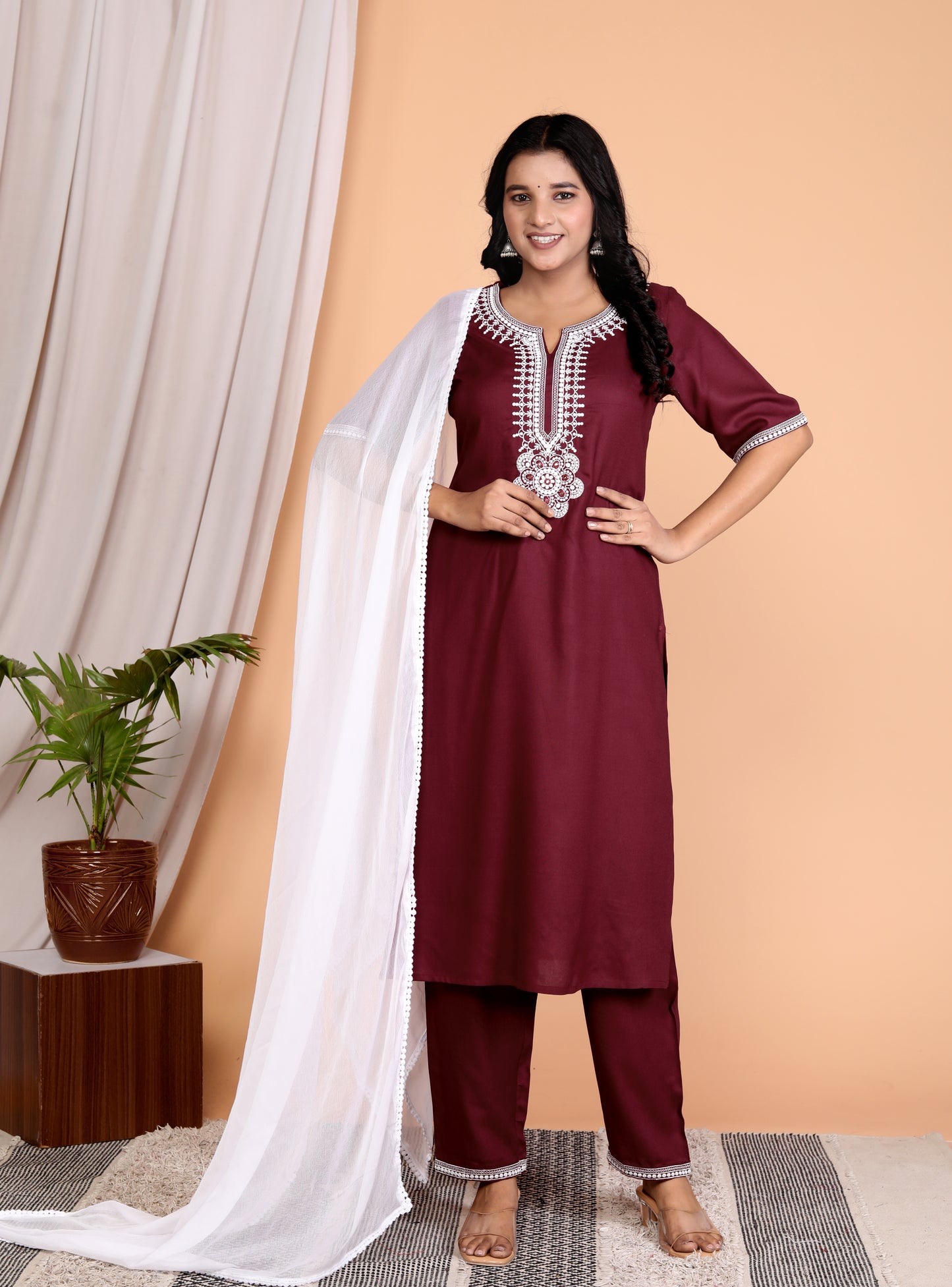 Sakura Women's Wine Embroidered Kurta Set with Palazzo & Lace Dupatta - 100% Liva Viscose Rayon Staple