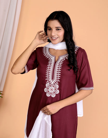 Sakura Women's Wine Embroidered Kurta Set with Palazzo & Lace Dupatta - 100% Liva Viscose Rayon Staple