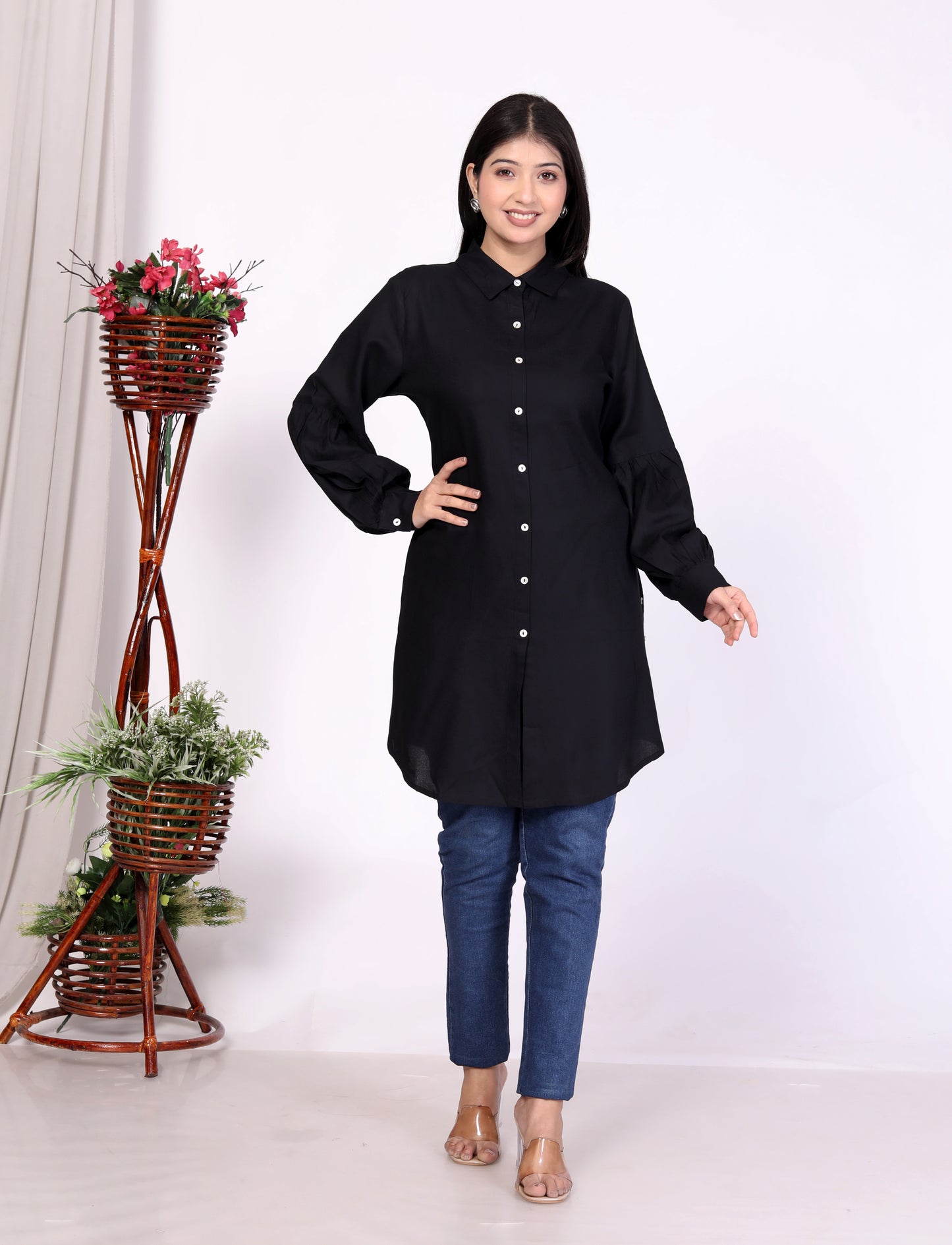 Sakura Women's Black Long Sleeve Shirt – 100% Liva Viscose Rayon Staple | Perfect for Formal & Casual Wear