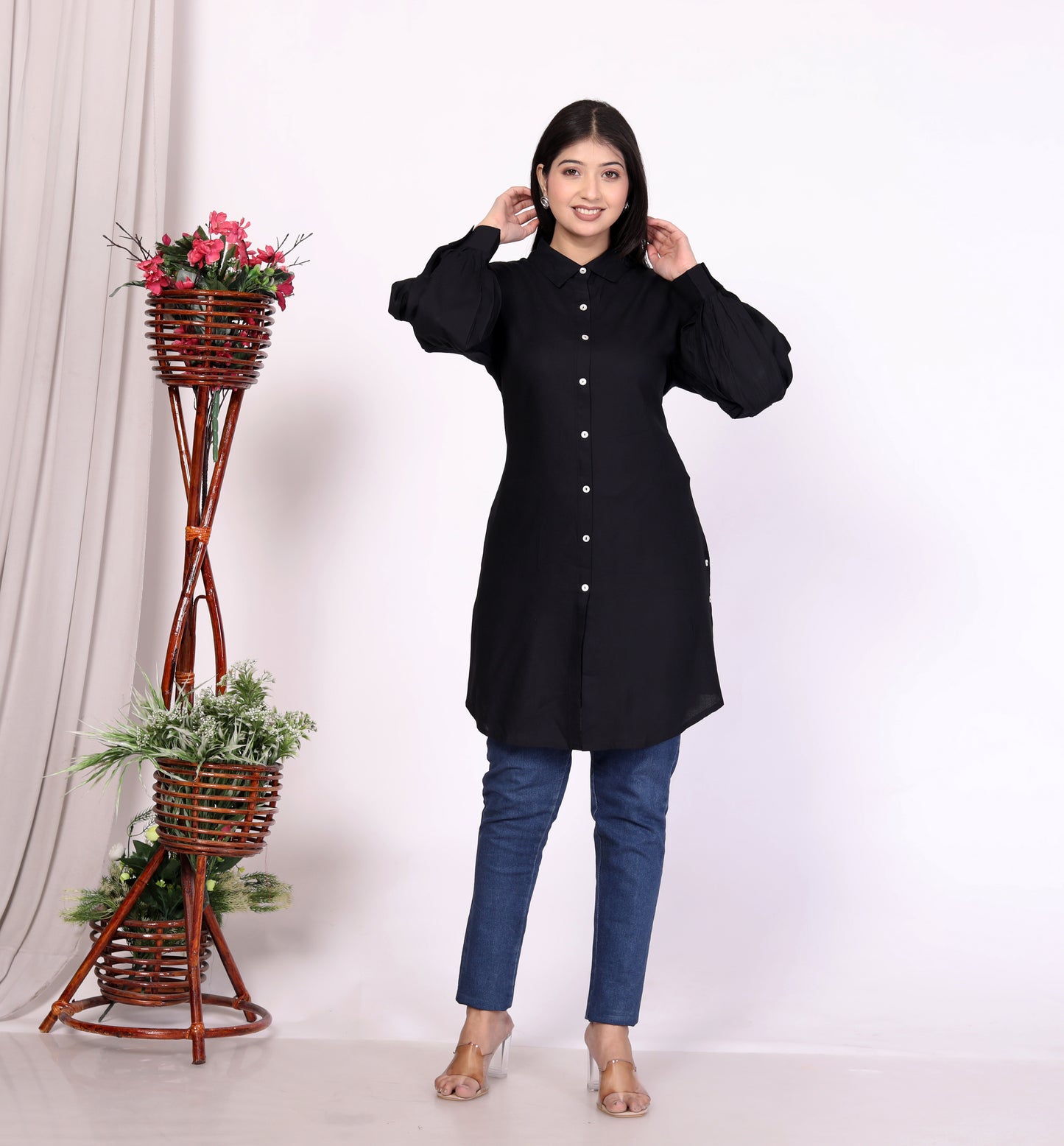 Sakura Women's Black Long Sleeve Shirt – 100% Liva Viscose Rayon Staple | Perfect for Formal & Casual Wear