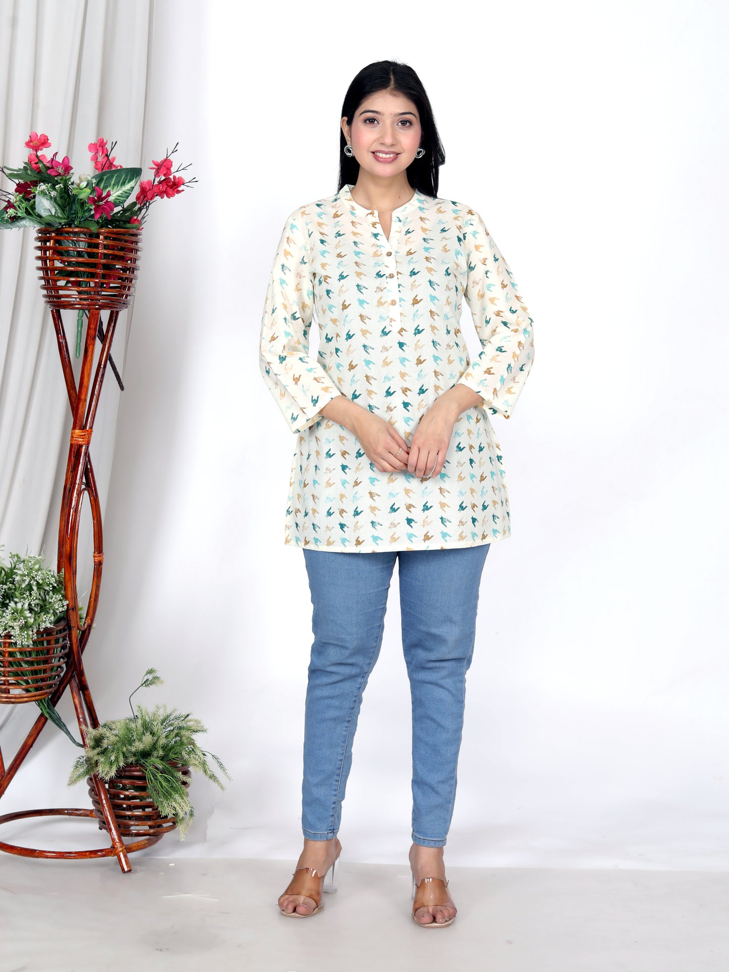 Sakura Women's Cream Printed Cotton Kurti – Elegant & Comfortable Casual Wear