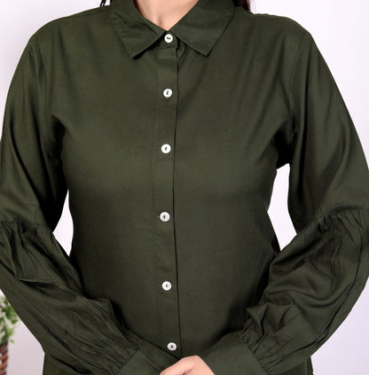 Sakura Women's Dark Olive Long Sleeve Shirt – 100% Liva Viscose Rayon Staple | Elegant Formal & Casual Wear