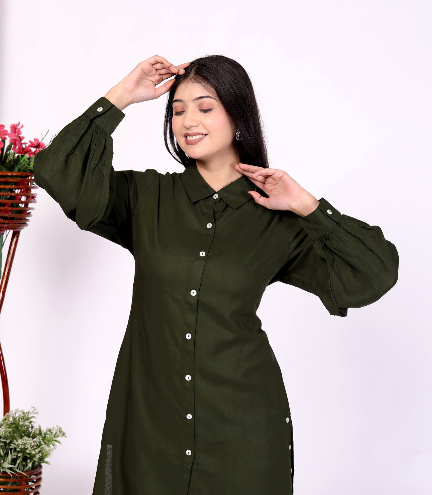 Sakura Women's Dark Olive Long Sleeve Shirt – 100% Liva Viscose Rayon Staple | Elegant Formal & Casual Wear