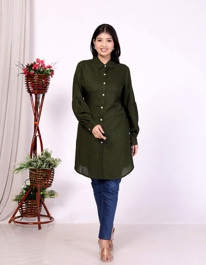 Sakura Women's Dark Olive Long Sleeve Shirt – 100% Liva Viscose Rayon Staple | Elegant Formal & Casual Wear