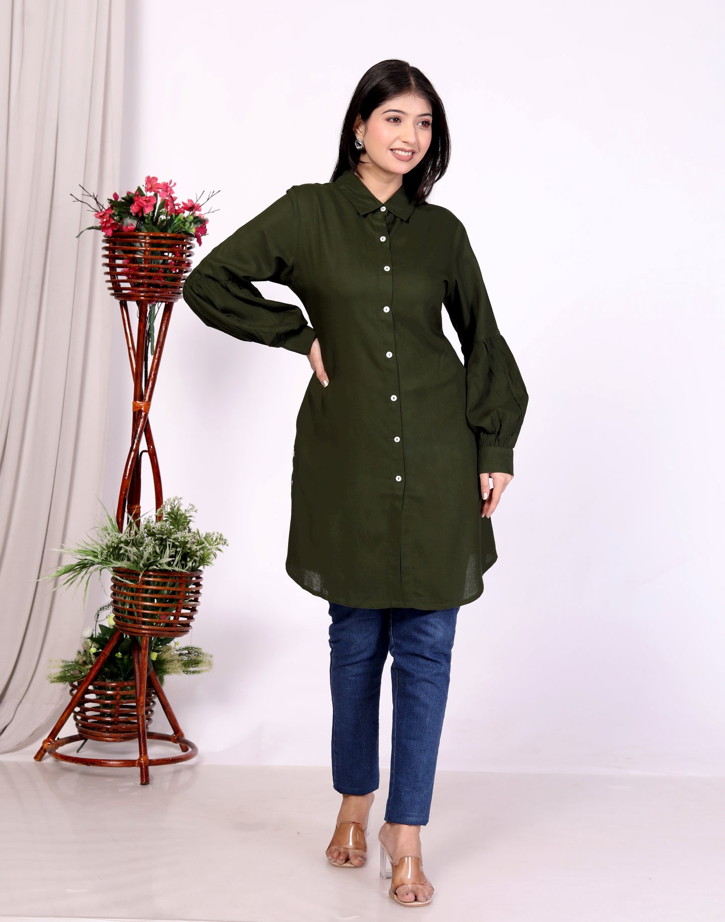 Sakura Women's Dark Olive Long Sleeve Shirt – 100% Liva Viscose Rayon Staple | Elegant Formal & Casual Wear