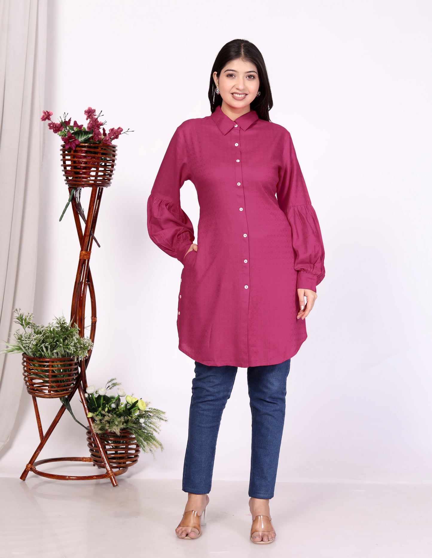 Sakura Women's Dark Pink Long Sleeve Shirt – 100% Liva Viscose Rayon Dobby | Premium Quality Formal & Casual Wear