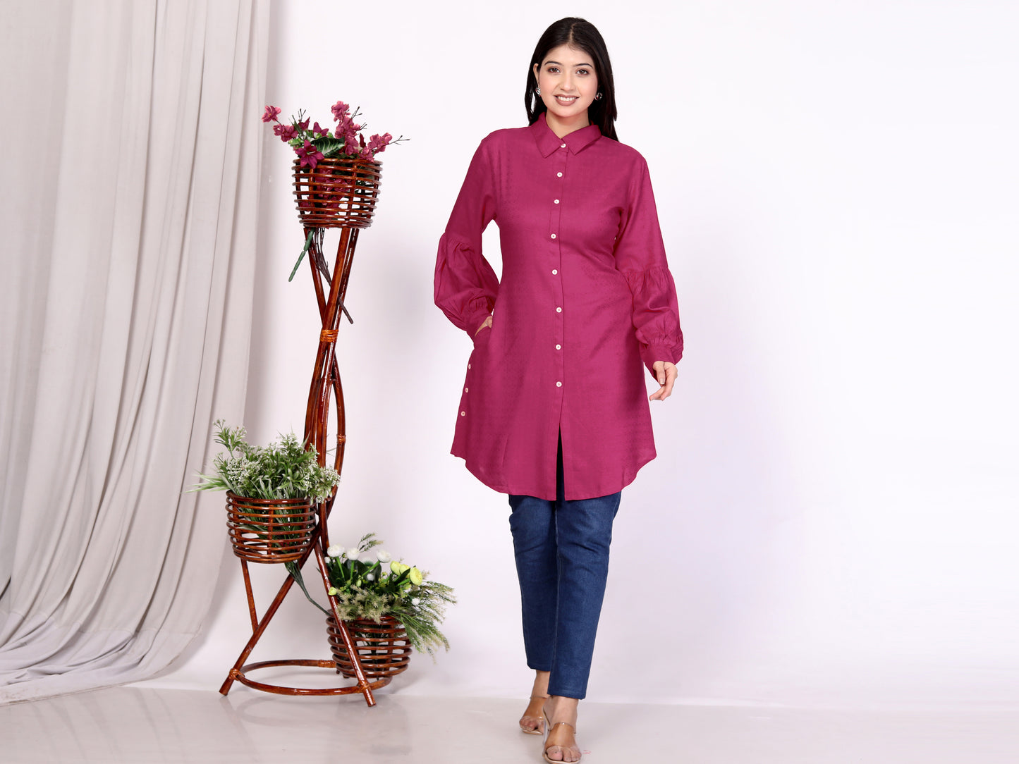 Sakura Women's Dark Pink Long Sleeve Shirt – 100% Liva Viscose Rayon Dobby | Premium Quality Formal & Casual Wear