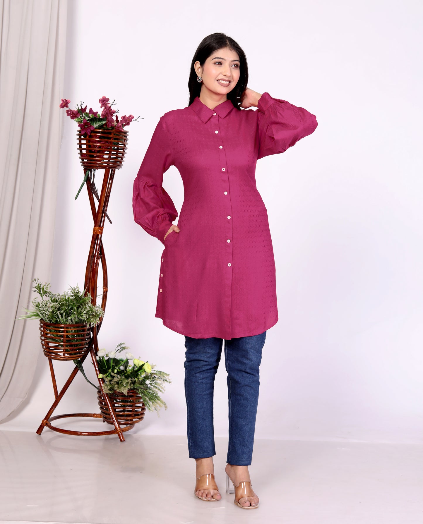 Sakura Women's Dark Pink Long Sleeve Shirt – 100% Liva Viscose Rayon Dobby | Premium Quality Formal & Casual Wear