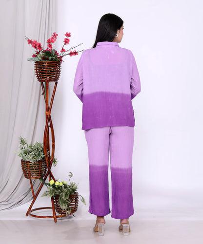 Sakura Women's 100% Liva Viscose Rayon Crepe Tie-Dye Co-Ord Set | Lavender Ombre | Handcrafted Azo-Free Dye | Relaxed Fit Shirt & Pant