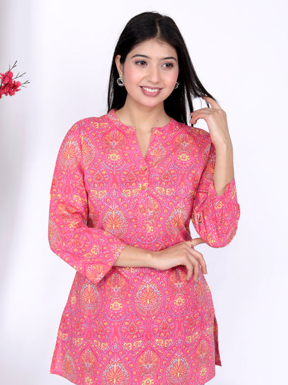 Sakura Women's Pink Printed Cotton Kurti – 100% Cambric Cotton, Stylish & Comfortable Daily Wear