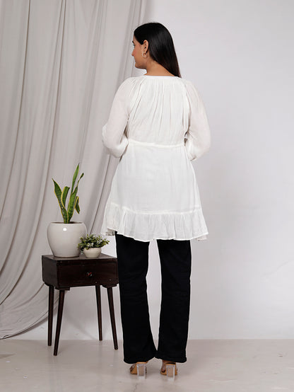 Sakura Women's White Rayon Crepe Top with Lace Detail, Waist Tie-Up & Cotton Lining