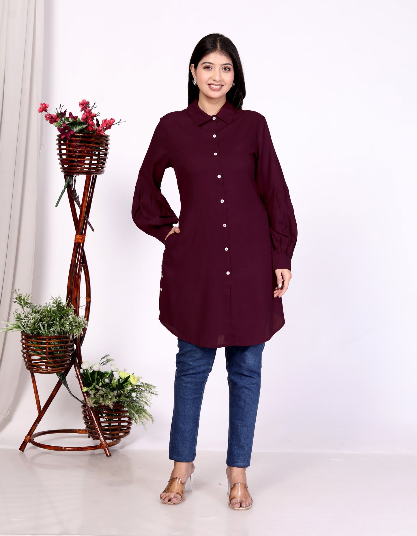 Sakura Women's Wine Long Sleeve Shirt – 100% Liva Viscose Rayon Staple | Elegant Formal & Casual Wear