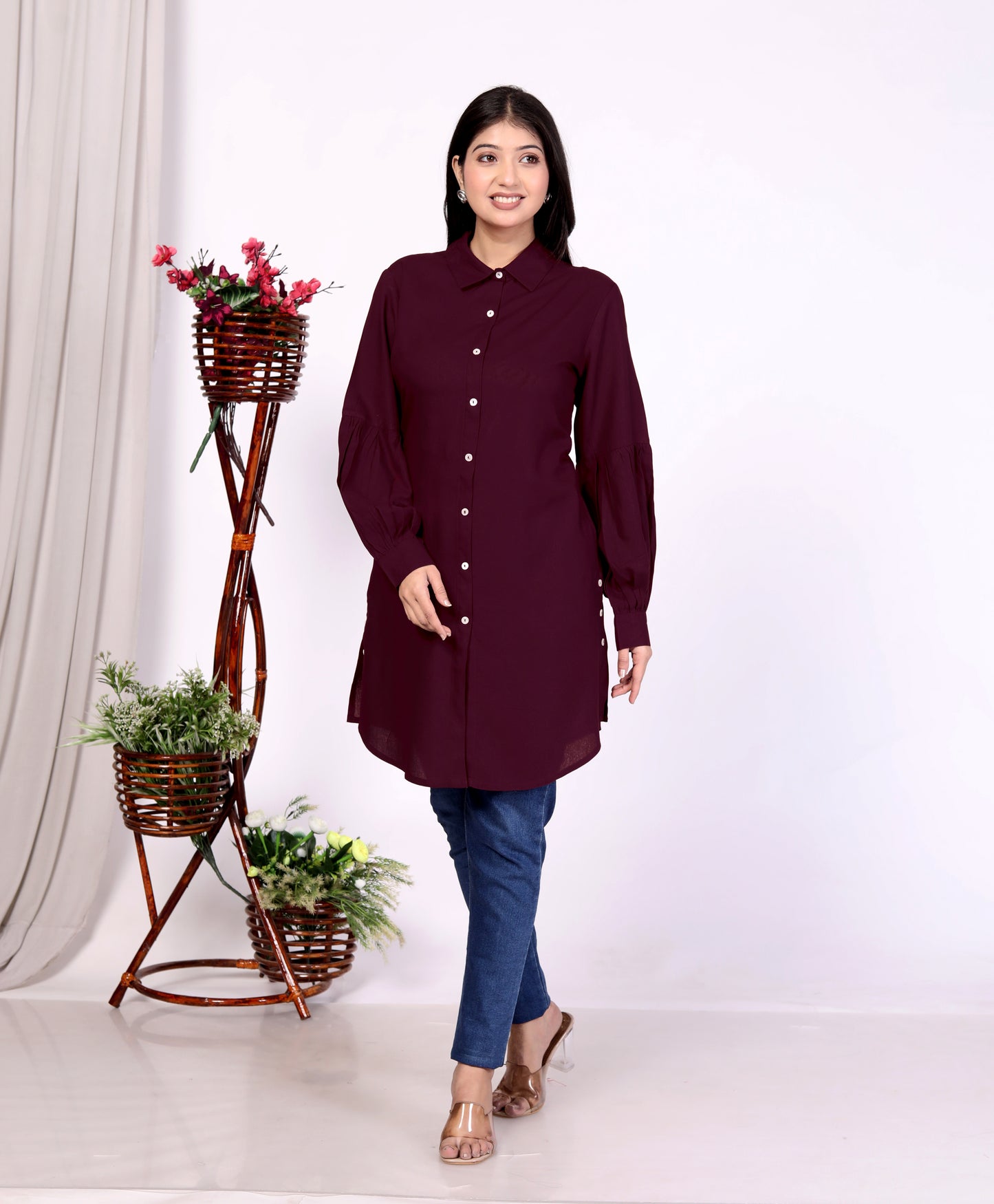 Sakura Women's Wine Long Sleeve Shirt – 100% Liva Viscose Rayon Staple | Elegant Formal & Casual Wear