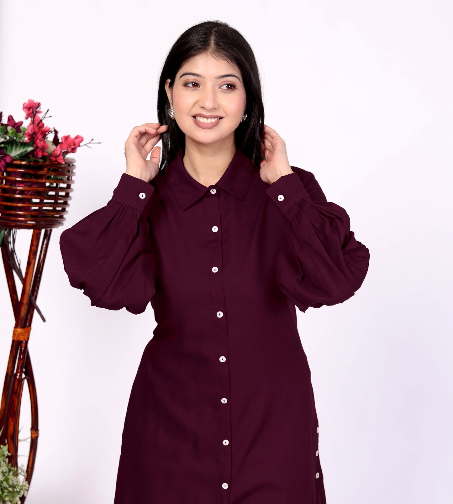 Sakura Women's Wine Long Sleeve Shirt – 100% Liva Viscose Rayon Staple | Elegant Formal & Casual Wear