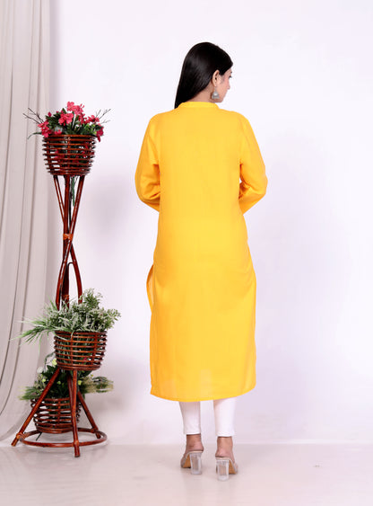 Sakura Women's Yellow Cambric Cotton Kurti with Intricate Thread Embroidery