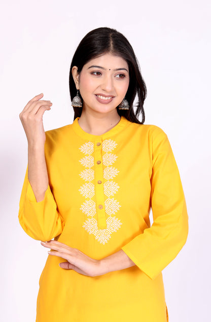 Sakura Women's Yellow Cambric Cotton Kurti with Intricate Thread Embroidery