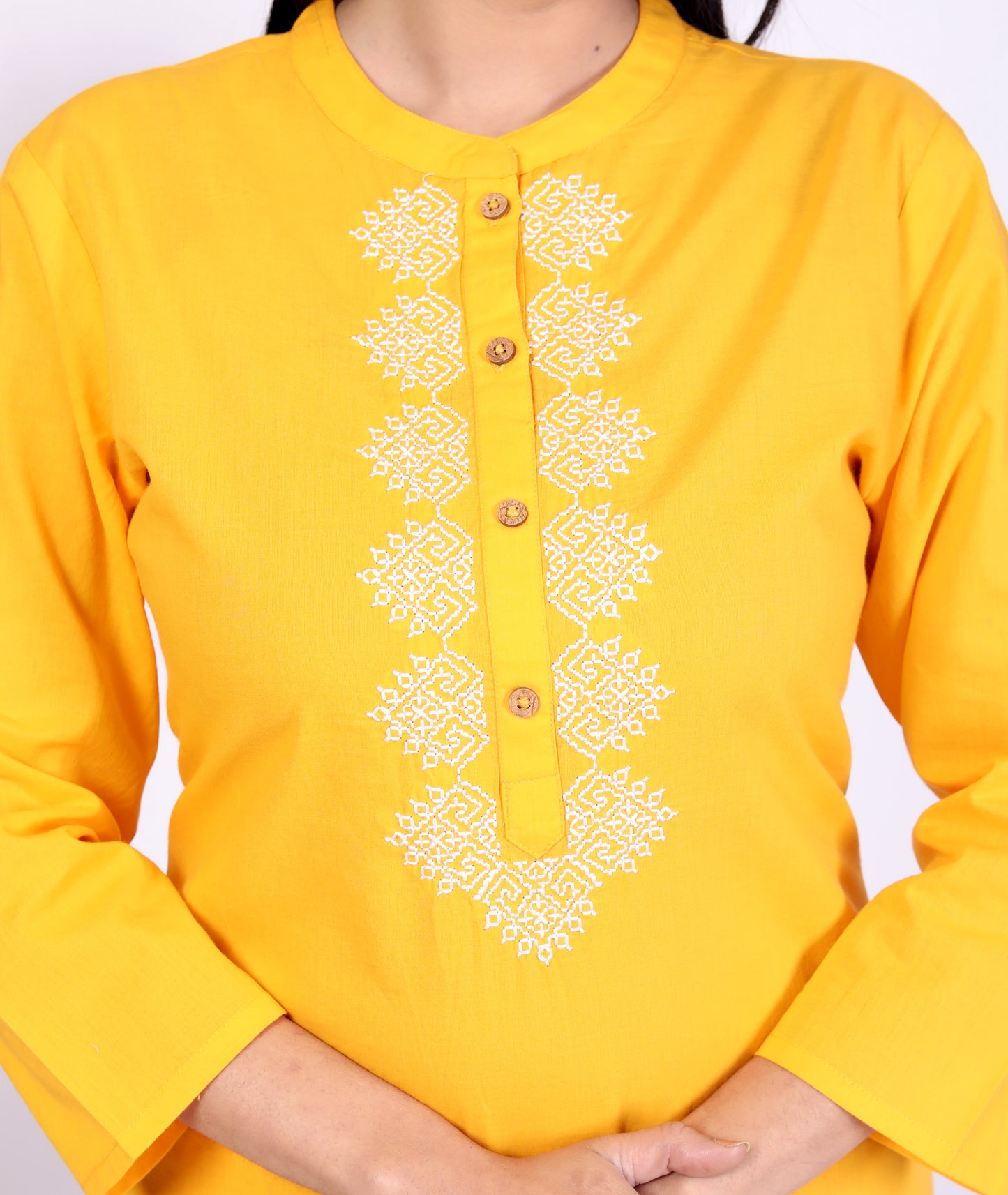 Sakura Women's Yellow Cambric Cotton Kurti with Intricate Thread Embroidery