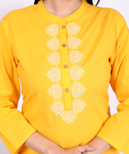 Sakura Women's Yellow Cambric Cotton Kurti with Intricate Thread Embroidery