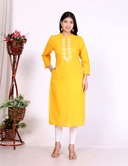 Sakura Women's Yellow Cambric Cotton Kurti with Intricate Thread Embroidery