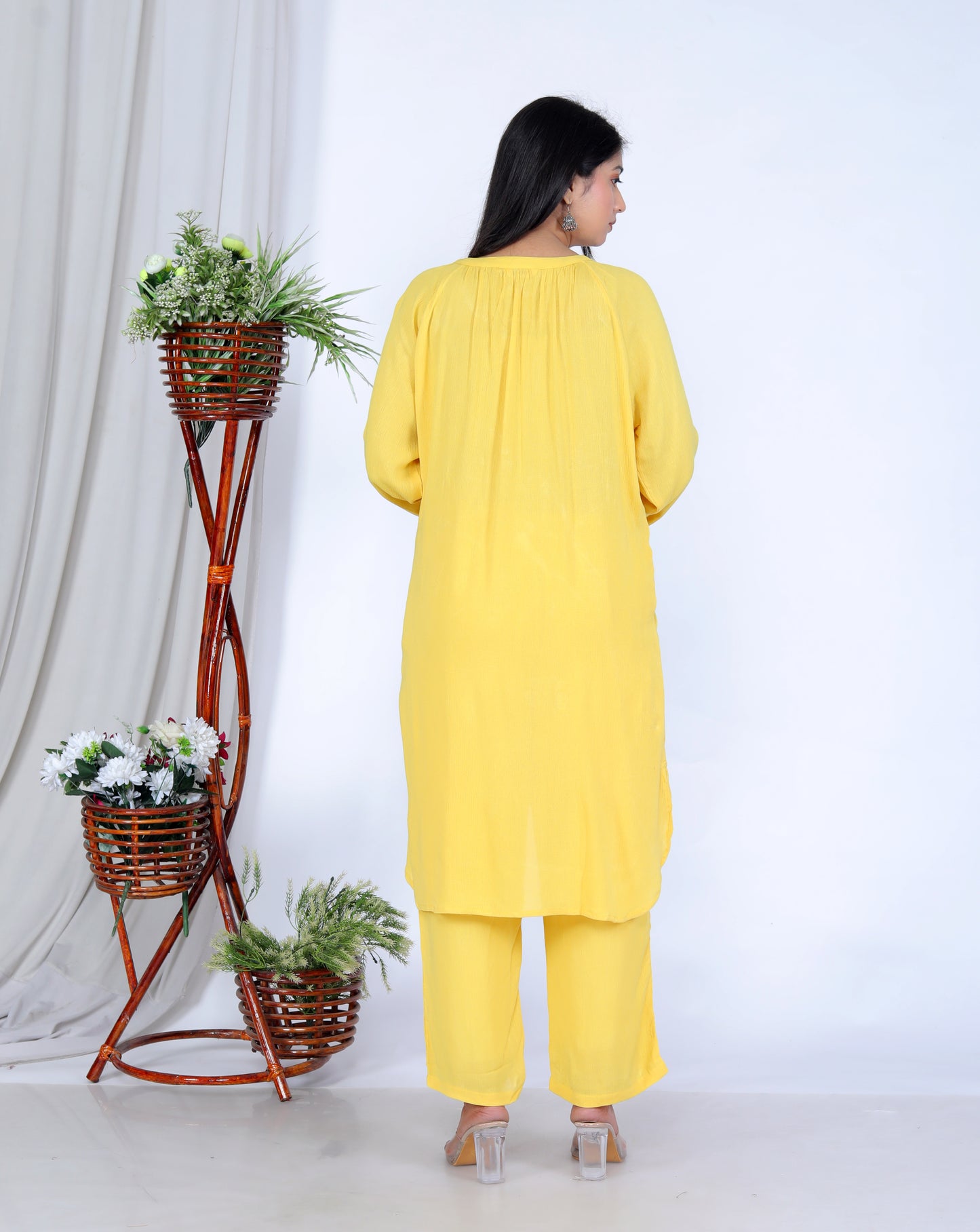 Sakura Women's Yellow Floral Embroidered Liva Rayon Crepe Two-Piece Kurta and Pant Set