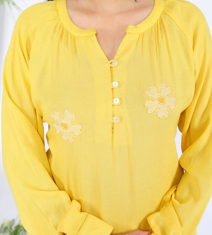 Sakura Women's Yellow Floral Embroidered Liva Rayon Crepe Two-Piece Kurta and Pant Set