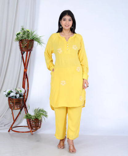 Sakura Women's Yellow Floral Embroidered Liva Rayon Crepe Two-Piece Kurta and Pant Set