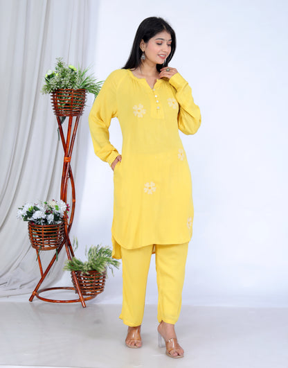 Sakura Women's Yellow Floral Embroidered Liva Rayon Crepe Two-Piece Kurta and Pant Set