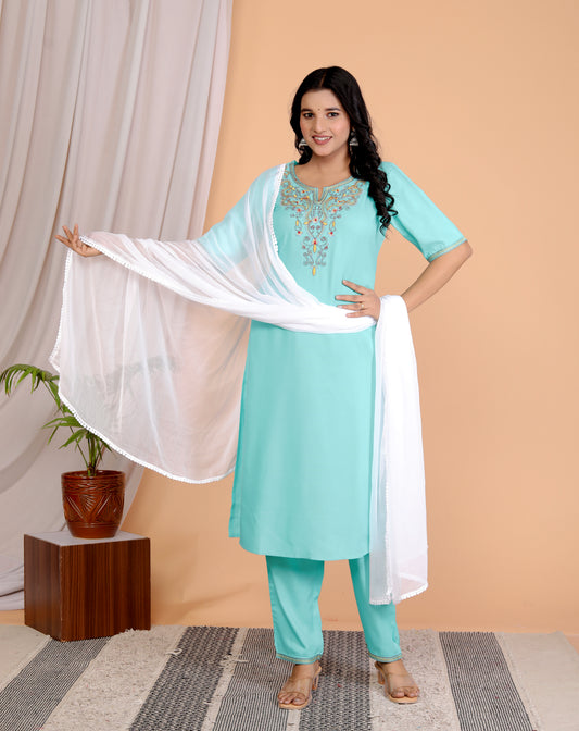 Women's Sea Green Embroidered Kurta Set in 100% Liva Viscose Rayon Staple – 3-Piece Ethnic Set with Palazzo & Dupatta