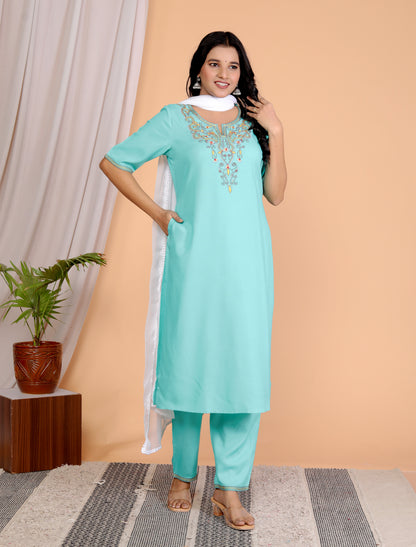 Women's Sea Green Embroidered Kurta Set in 100% Liva Viscose Rayon Staple – 3-Piece Ethnic Set with Palazzo & Dupatta