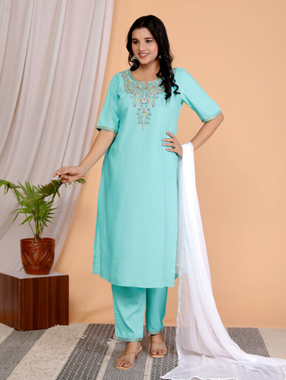 Women's Sea Green Embroidered Kurta Set in 100% Liva Viscose Rayon Staple – 3-Piece Ethnic Set with Palazzo & Dupatta