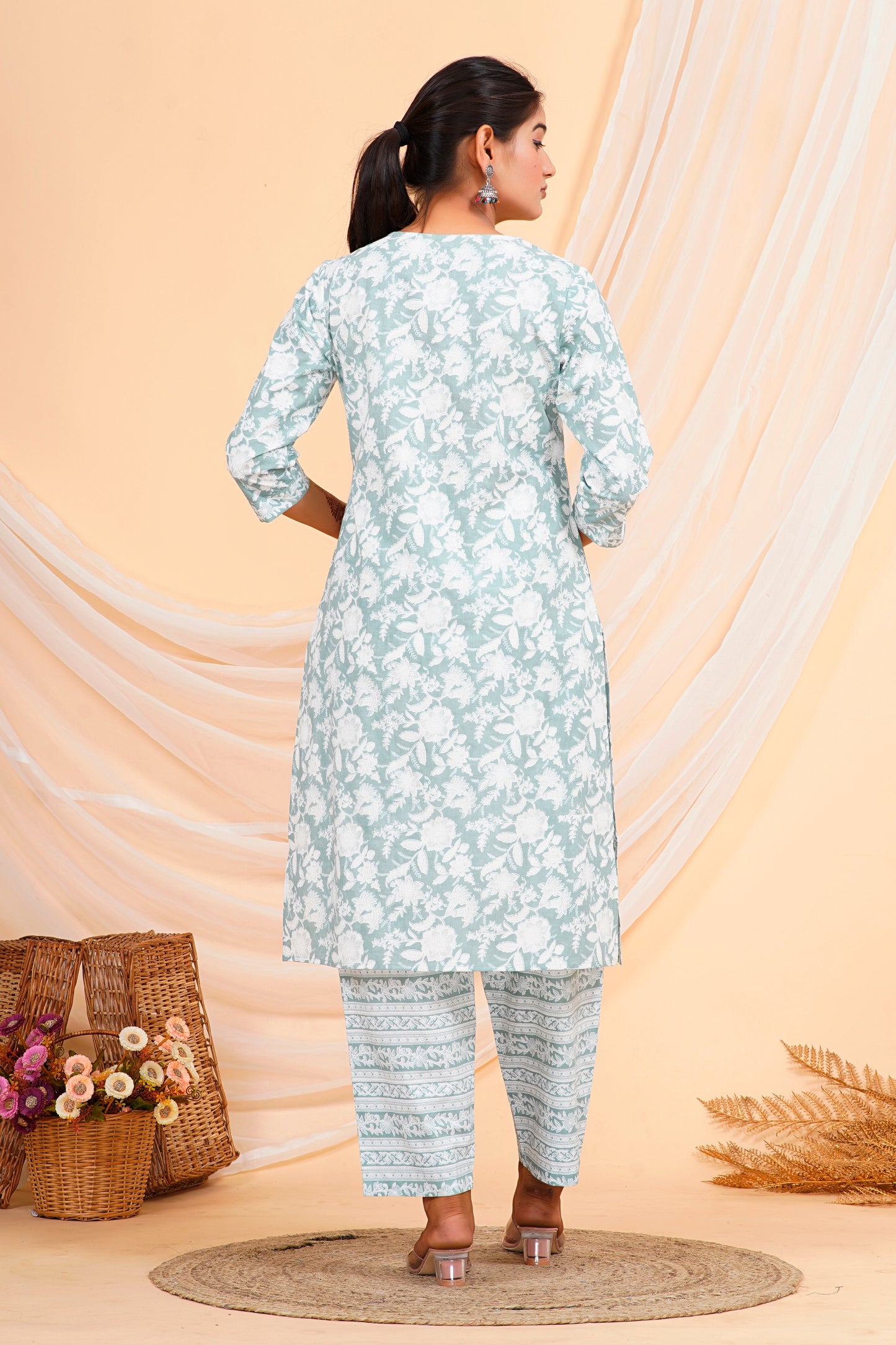 Sea Green Floral Print Cotton Kurta Palazzo Set for Women – 100% Cambric Cotton