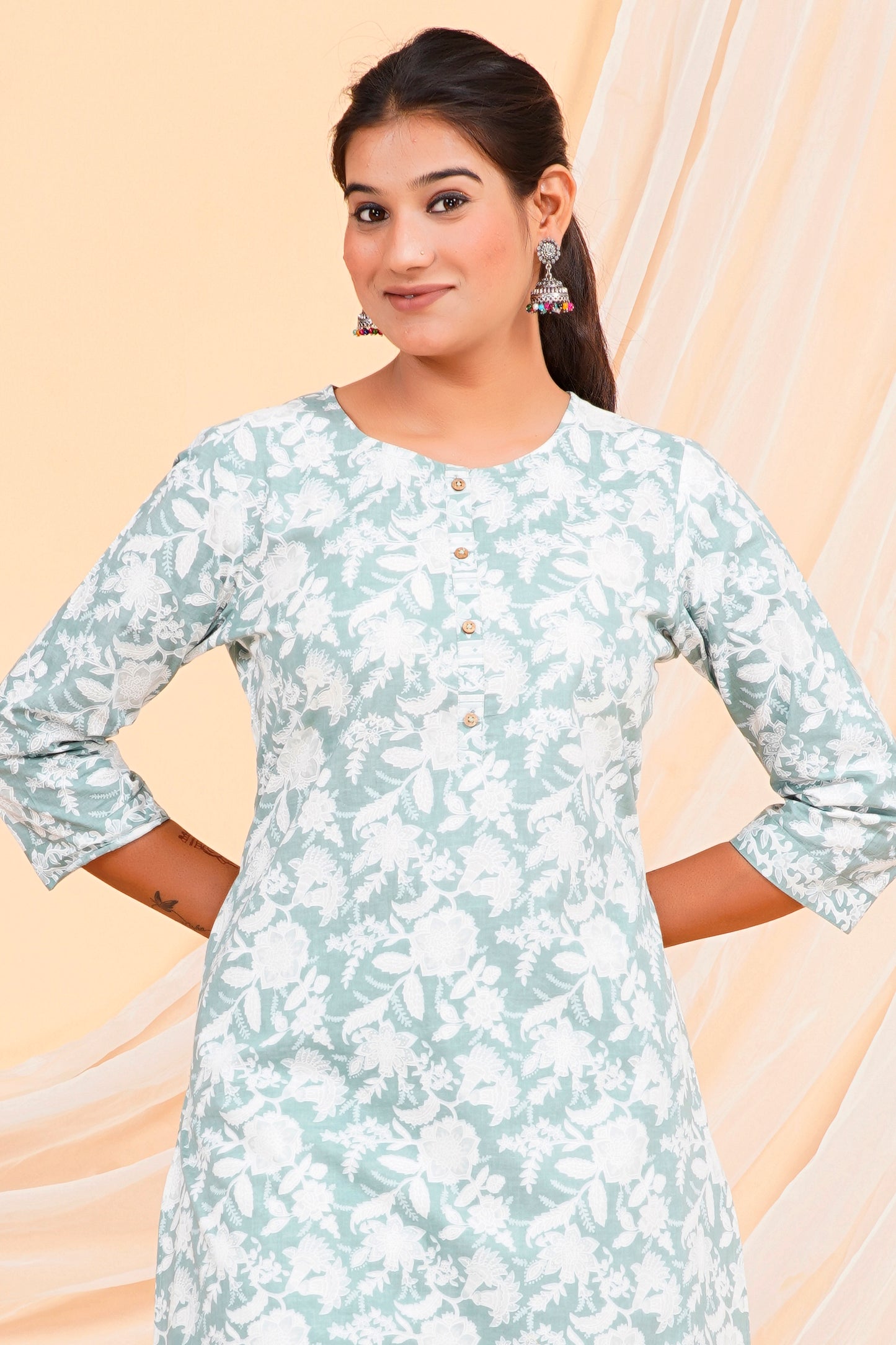 Sea Green Floral Print Cotton Kurta Palazzo Set for Women – 100% Cambric Cotton