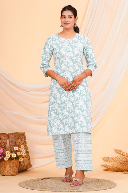 Sea Green Floral Print Cotton Kurta Palazzo Set for Women – 100% Cambric Cotton