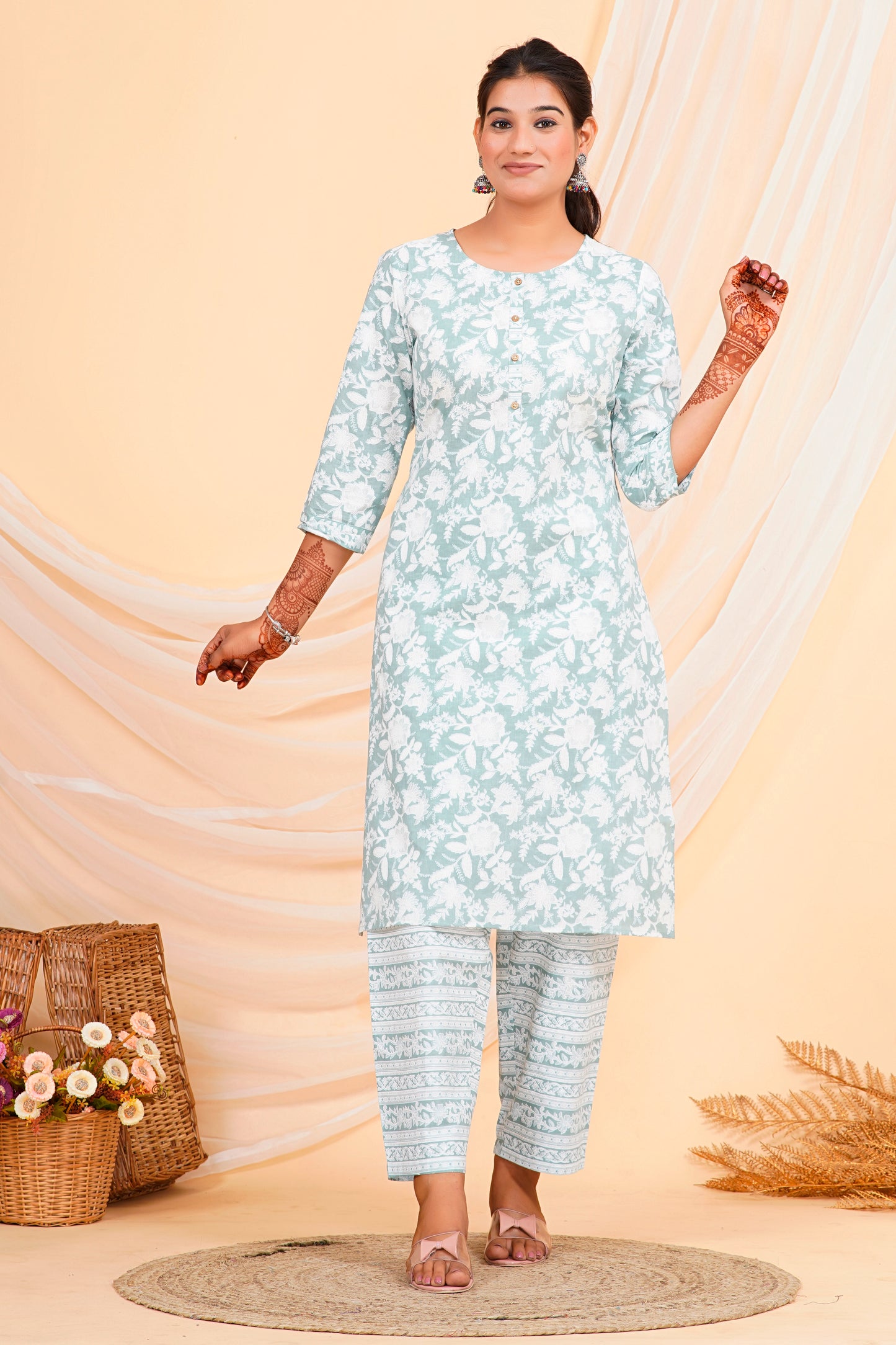 Sea Green Floral Print Cotton Kurta Palazzo Set for Women – 100% Cambric Cotton