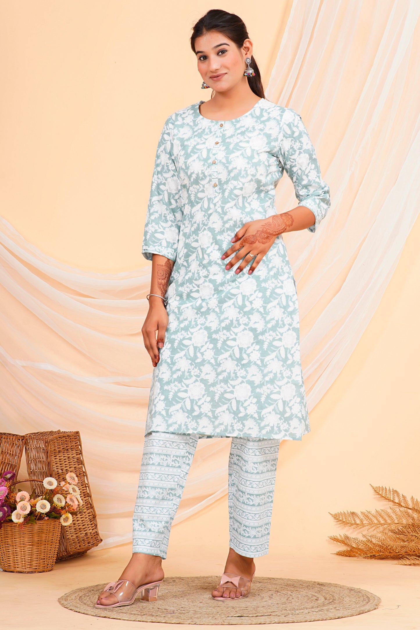 Sea Green Floral Print Cotton Kurta Palazzo Set for Women – 100% Cambric Cotton