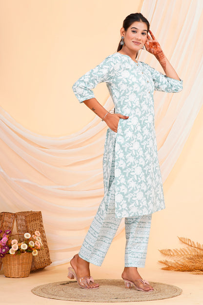 Sea Green Floral Print Cotton Kurta Palazzo Set for Women – 100% Cambric Cotton