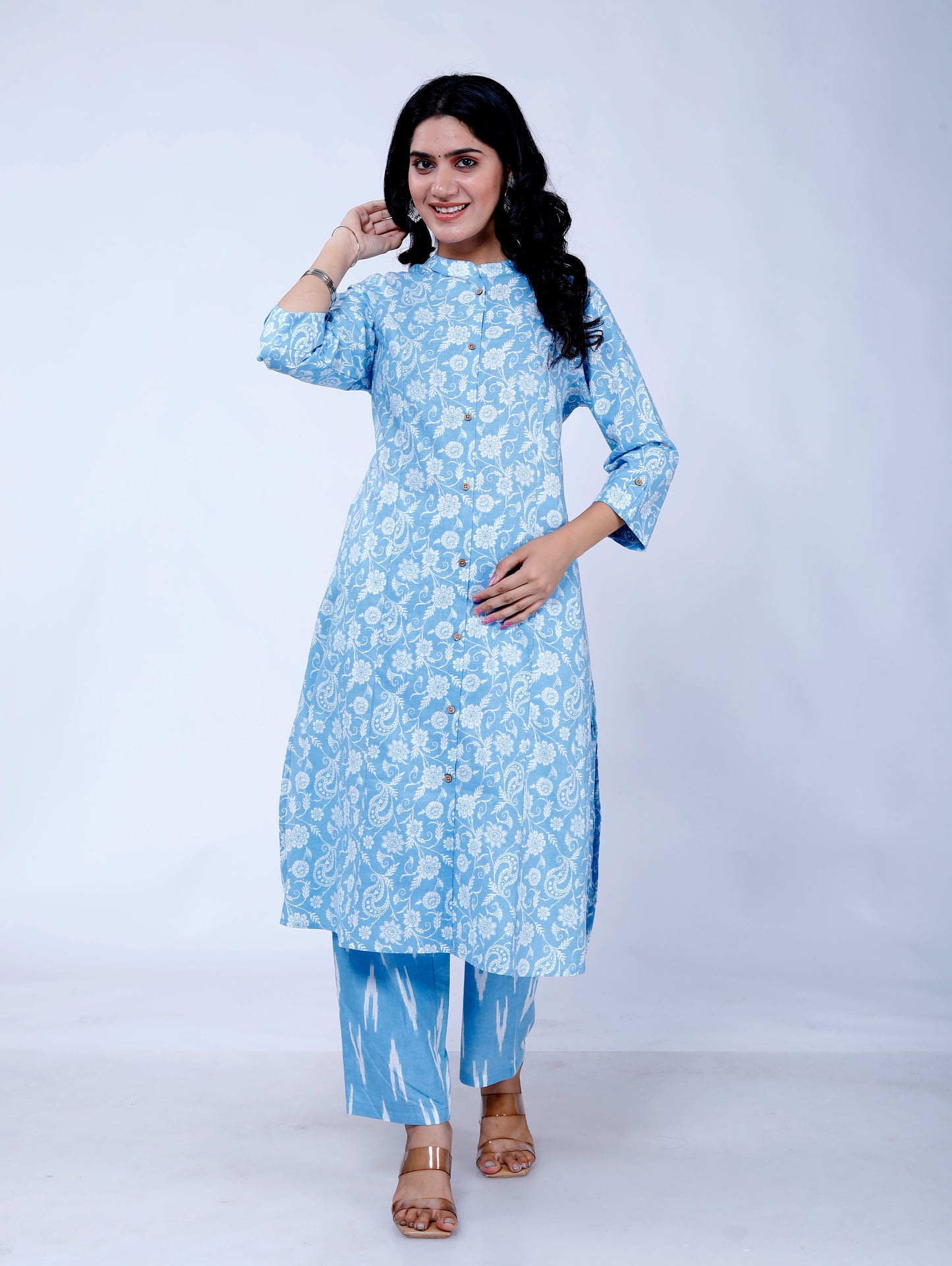 Women’s Sky Blue Floral Cambric Cotton Princess Cut Kurta Set with Palazzo – Pocket-Friendly Ethnic Wear for Casual & Festive Looks