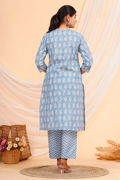 Sky Blue Floral Print Straight-Cut Cotton Kurta Palazzo Set for Women – 100% Cambric Cotton