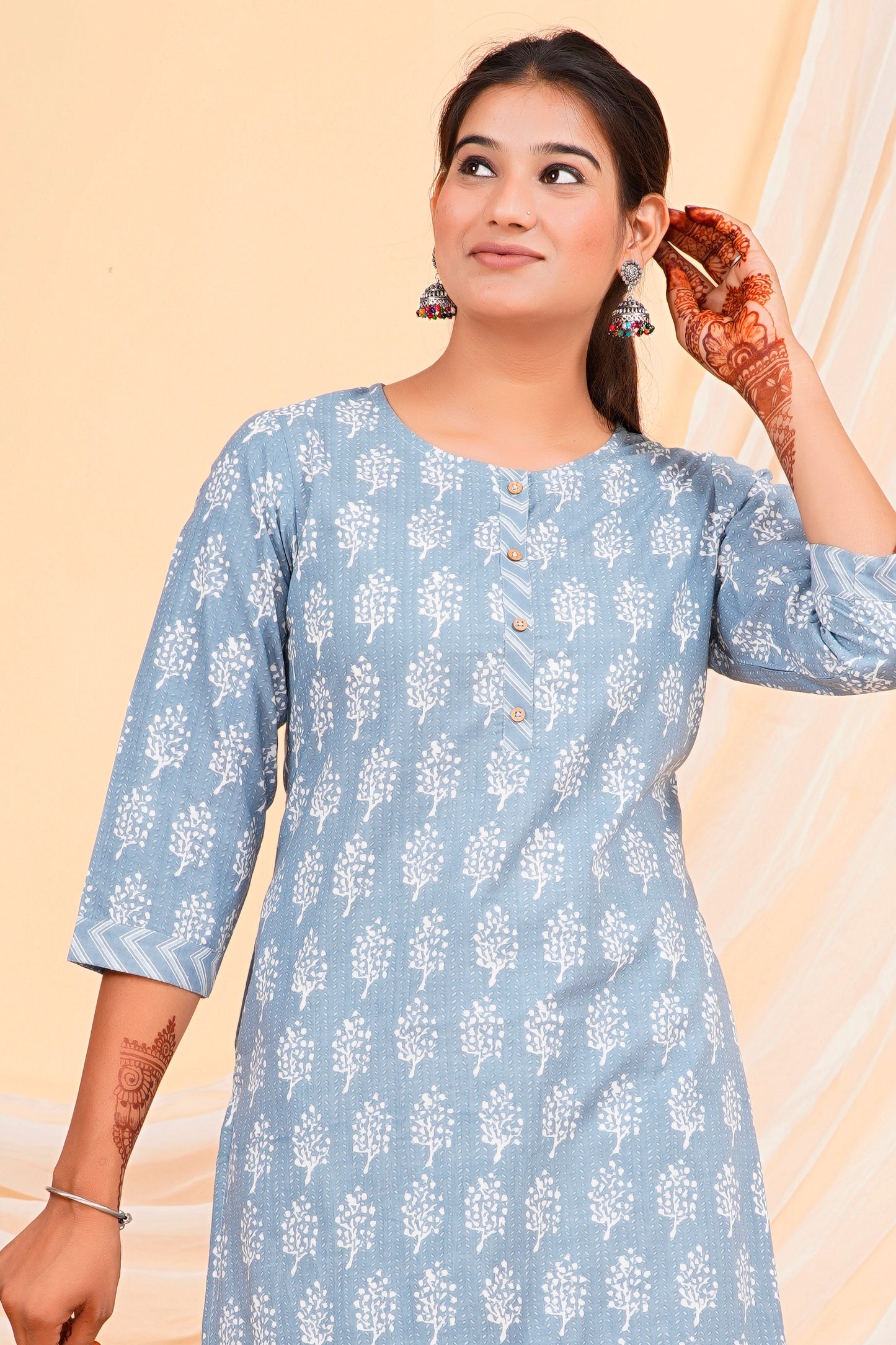 Sky Blue Floral Print Straight-Cut Cotton Kurta Palazzo Set for Women – 100% Cambric Cotton