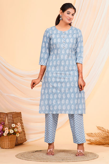 Sky Blue Floral Print Straight-Cut Cotton Kurta Palazzo Set for Women – 100% Cambric Cotton