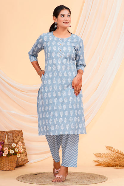 Sky Blue Floral Print Straight-Cut Cotton Kurta Palazzo Set for Women – 100% Cambric Cotton